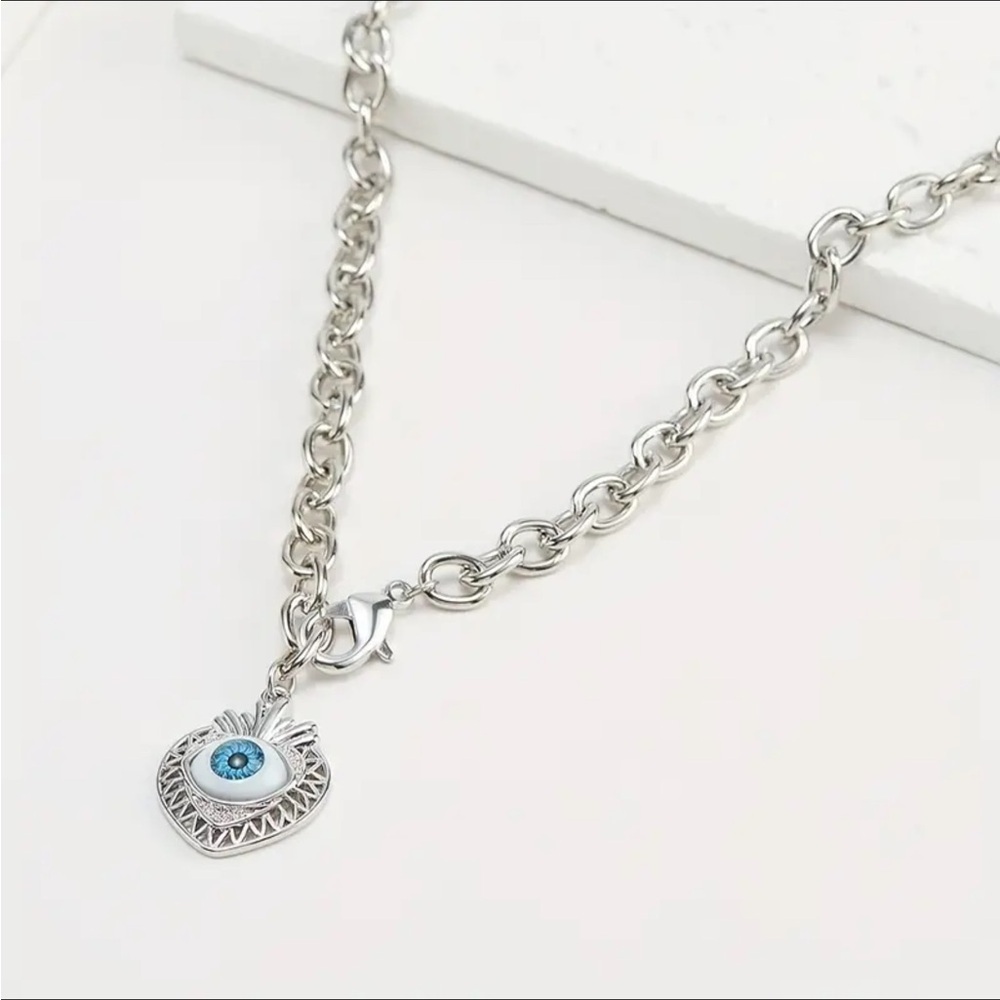 Silver Heart Shaped Evil Eye Pendant Necklace - Picture 2 of 5